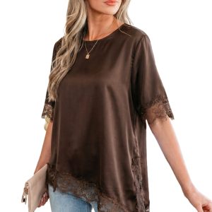 Women's Coffee Satin Top – Asymmetric Lace Trim Short Sleeve Shift Blouse - Main View