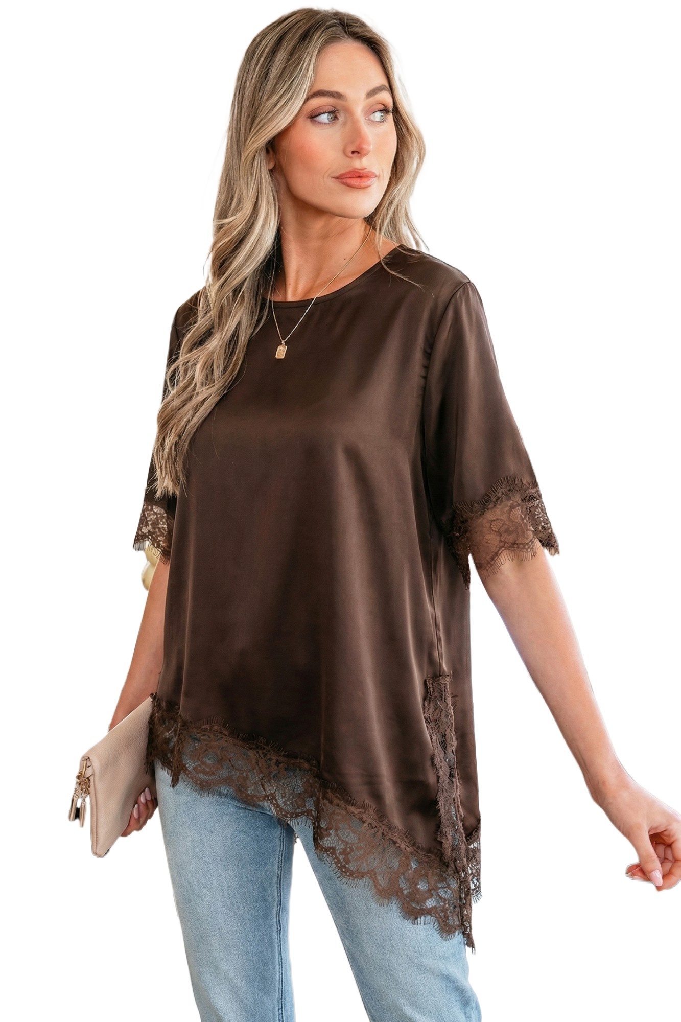Women's Coffee Satin Top – Asymmetric Lace Trim Short Sleeve Shift Blouse - Main View