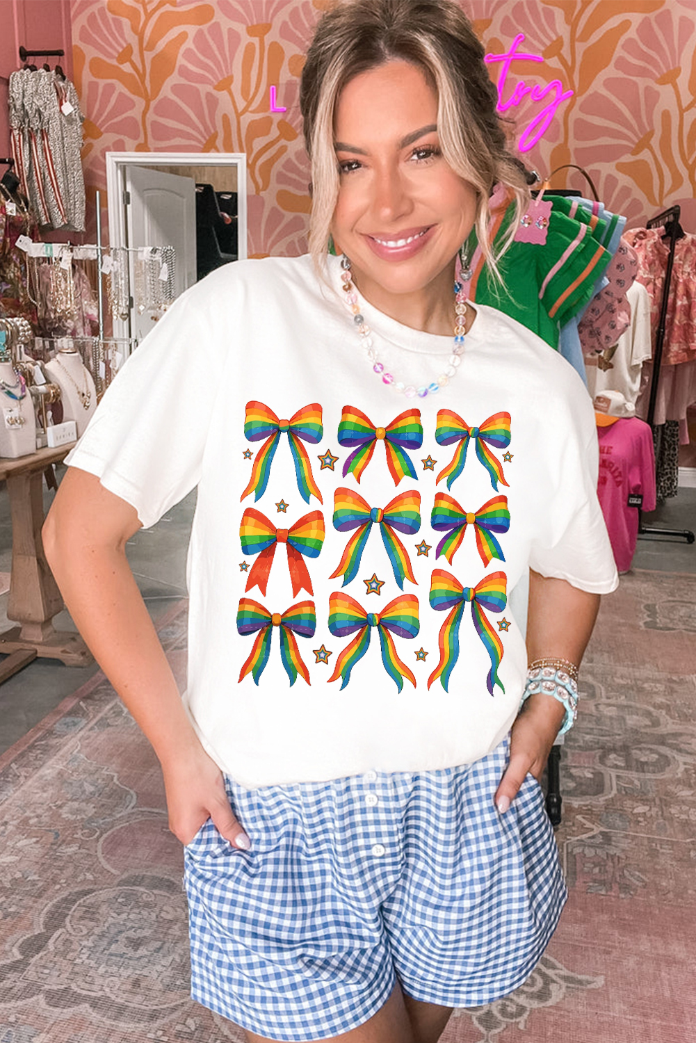 Cute and Comfortable White Cotton Blend T-Shirt for Women - Pride Bow Design - Detail View 6