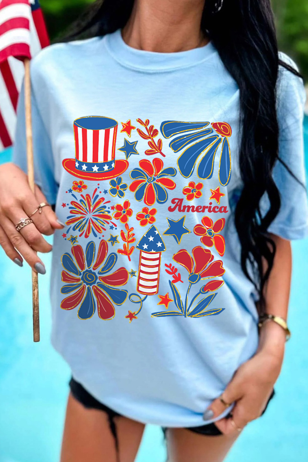 Women's Light Blue Floral Firework Print T-Shirt for 4th of July Celebration - Detail View 5