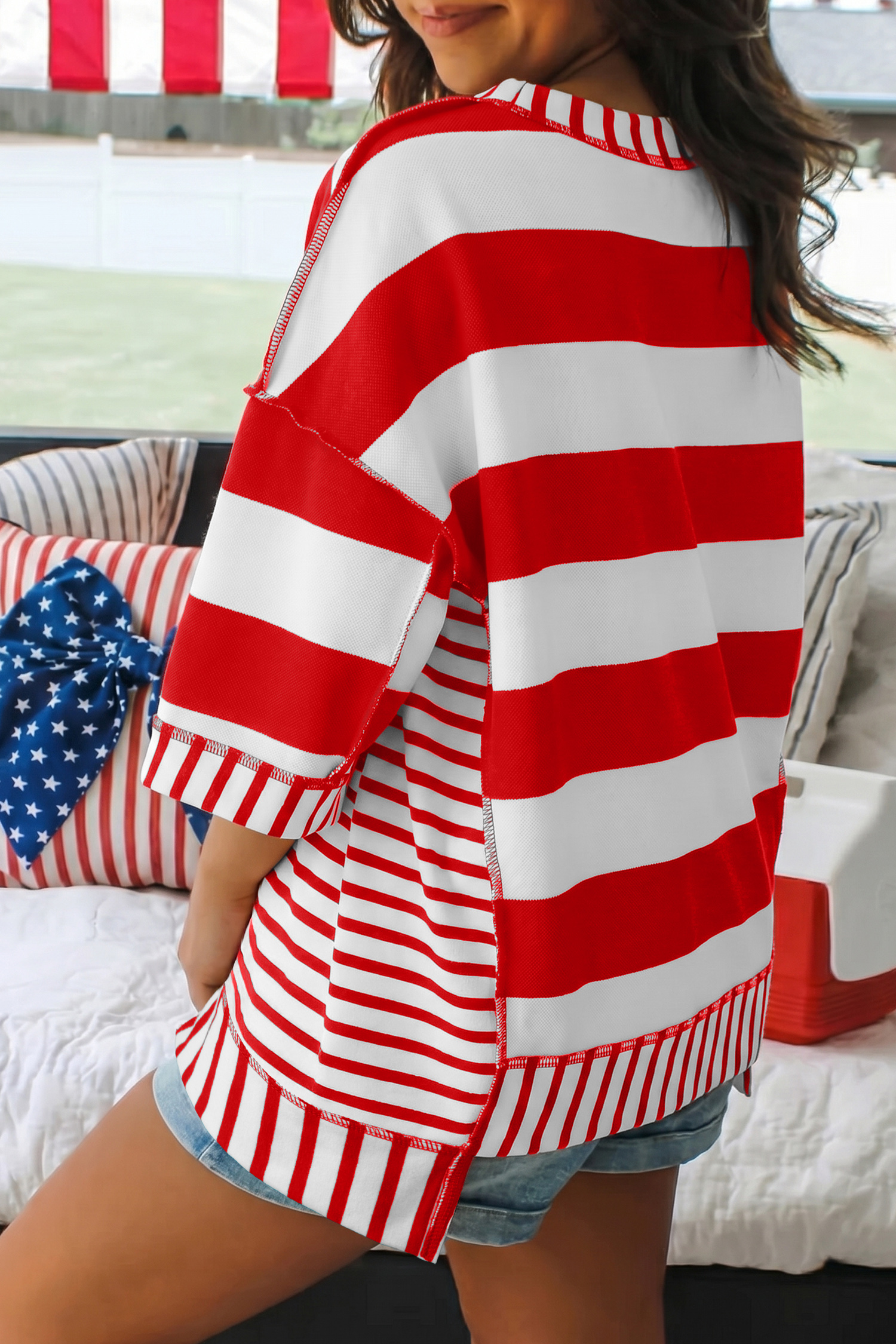 Women's Independence Day Sequin Bow Top – Red Stripe Half Sleeve Round Neck Shirt for Summer Holidays - Detail View 2