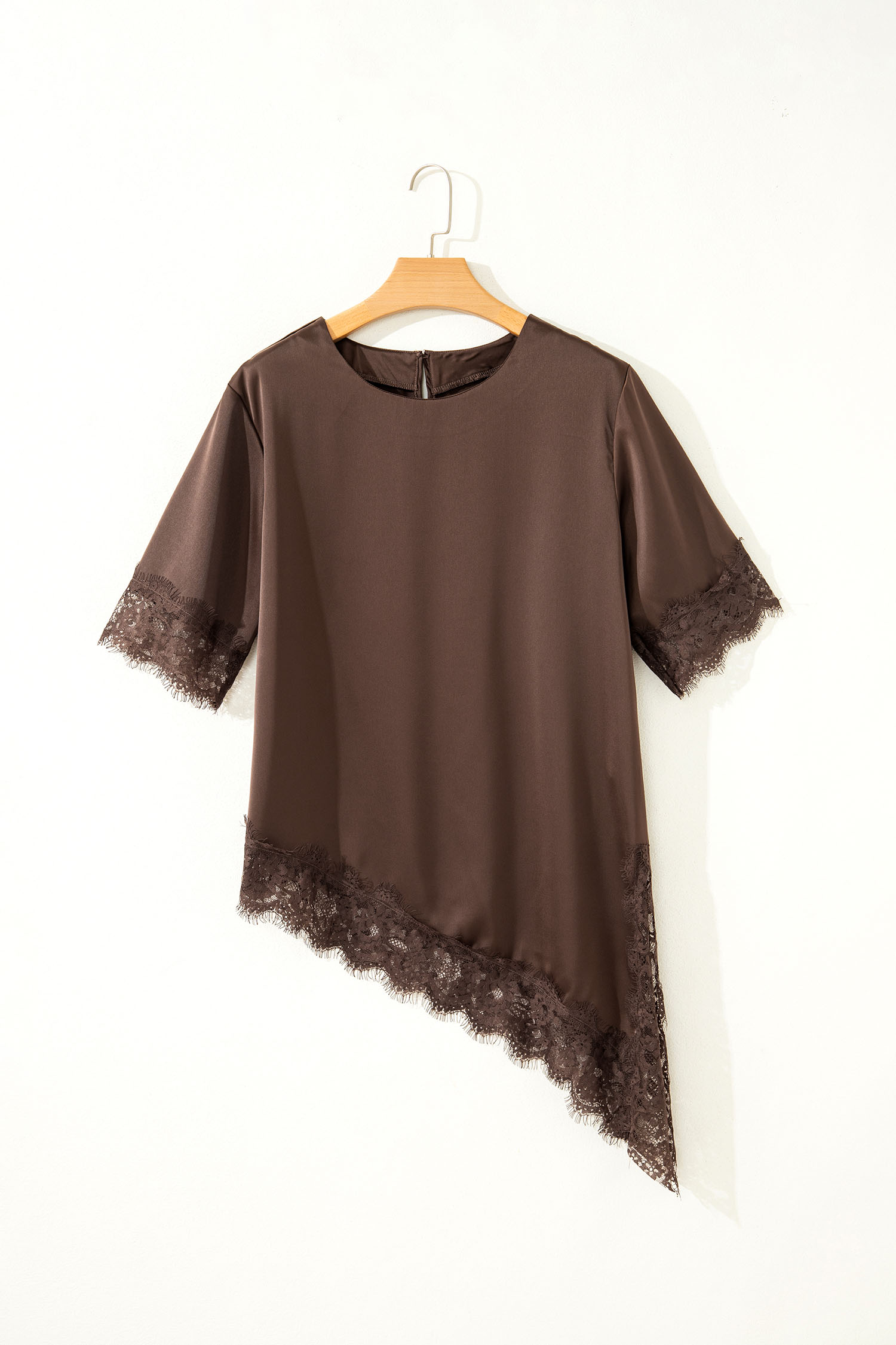 Elegant Lace Trim Satin Blouse – Casual Coffee Shift Top for Daily Summer Wear - Detail View 5