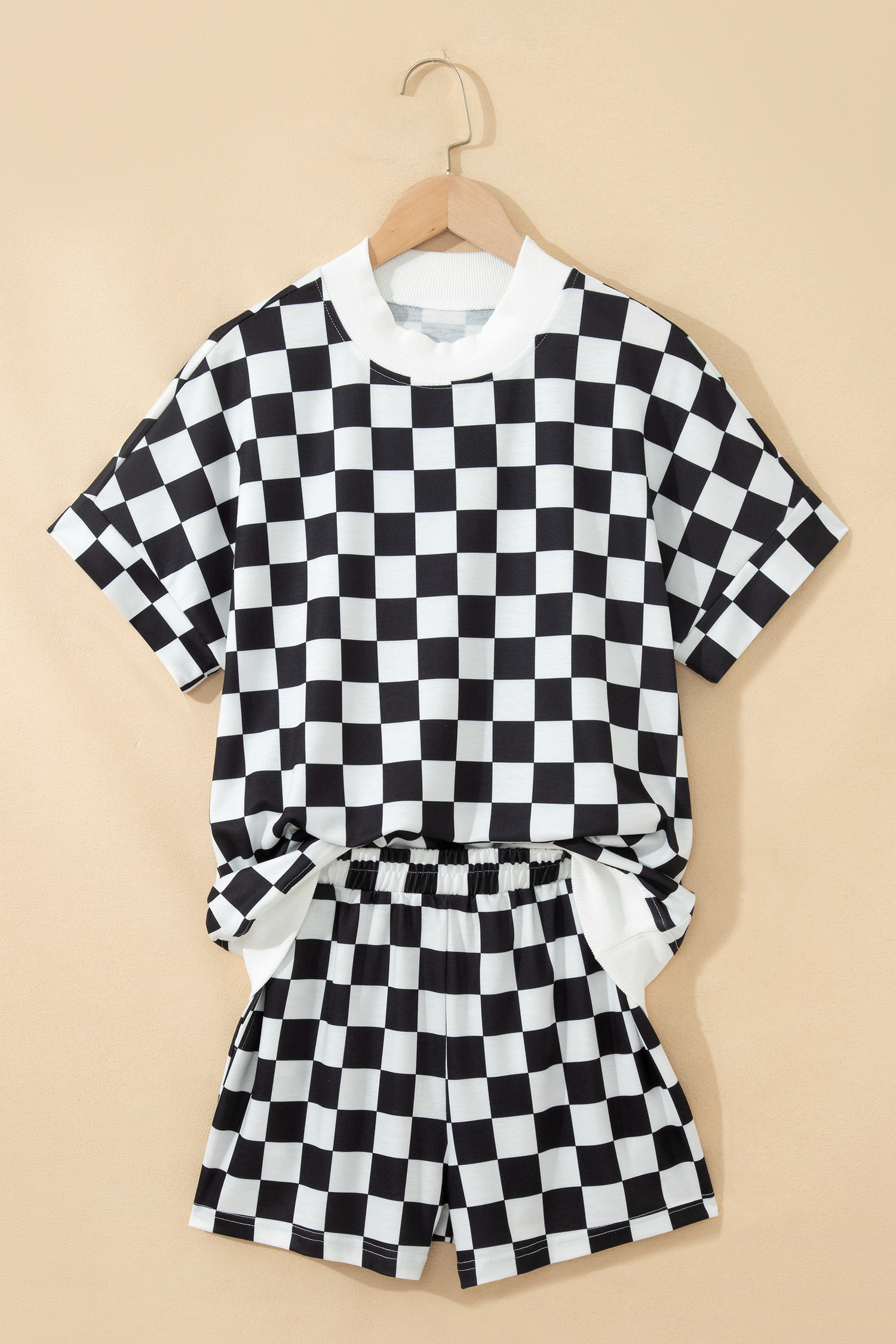 Casual Summer Two-Piece Set for Women – Black Checkered Mock Neck Top and Shorts, Trendy Daily Wear - Detail View 3