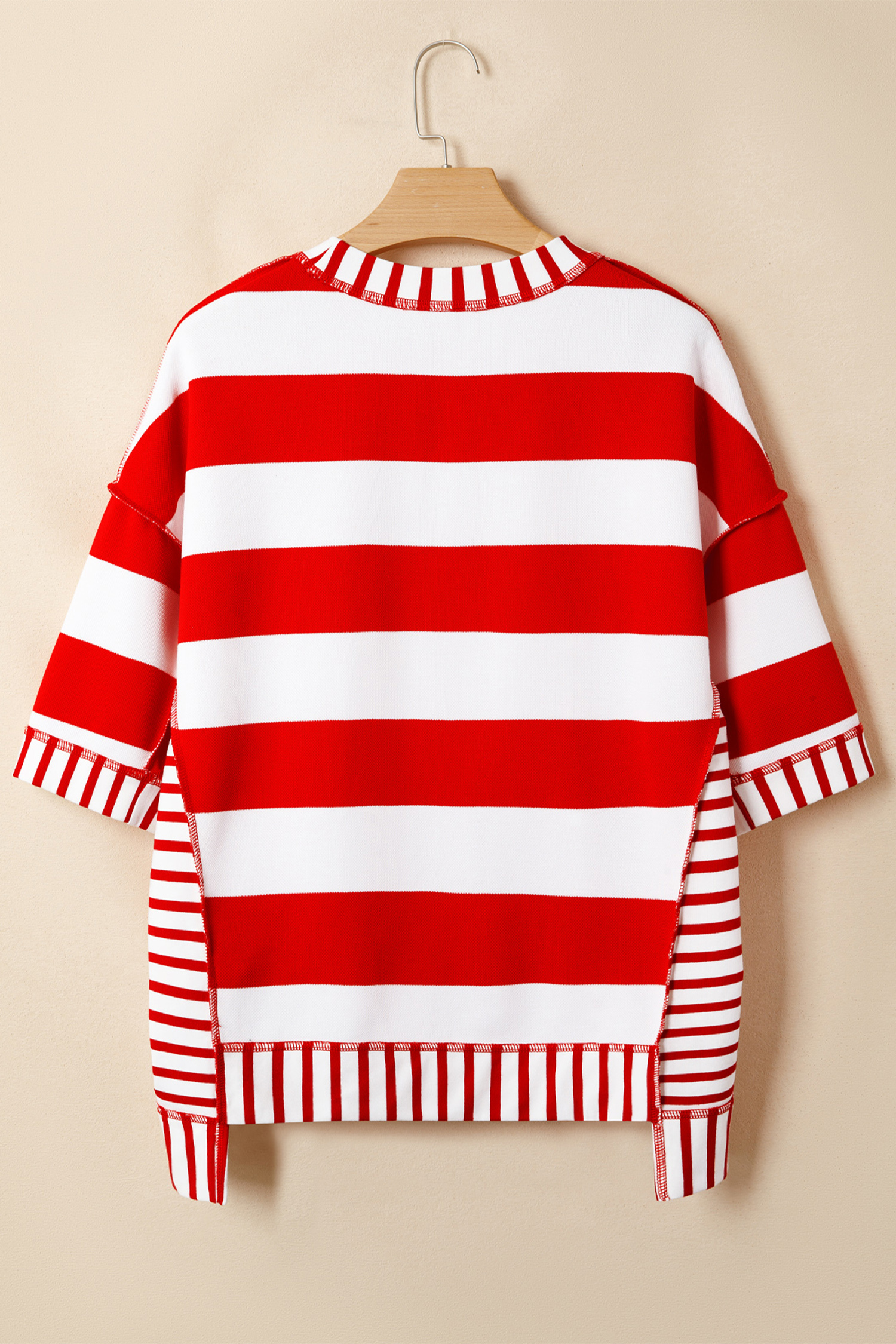 Women's Independence Day Sequin Bow Top – Red Stripe Half Sleeve Round Neck Shirt for Summer Holidays - Detail View 5