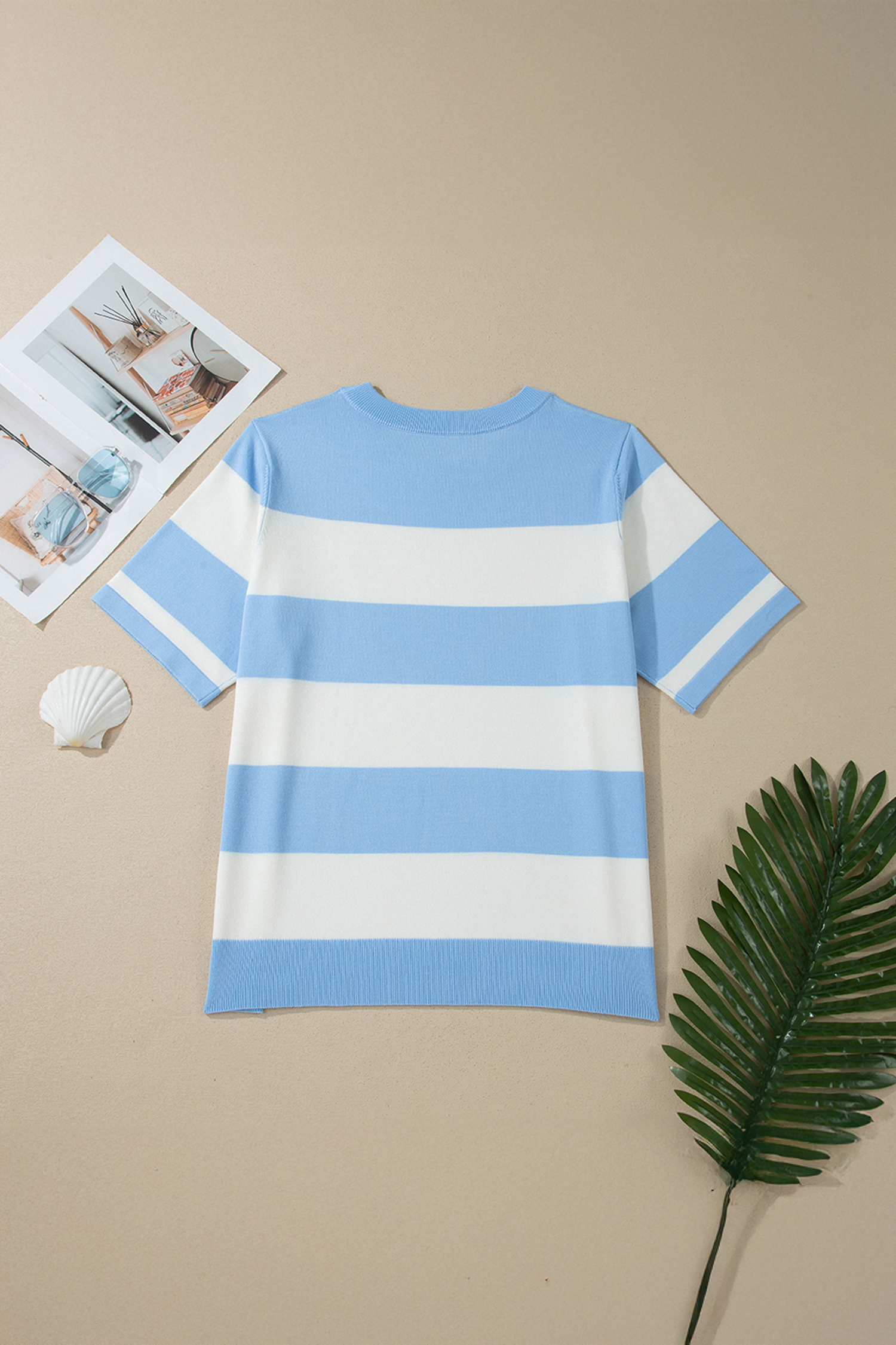 Sky Blue Stripe Shift Sweater – Comfortable Plus Size Short Sleeve Knitwear for Daily Wear - Detail View 3