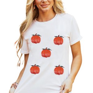 Women's White Glitter Pumpkin Sequin Patched Cotton Blend T-Shirt - Main View