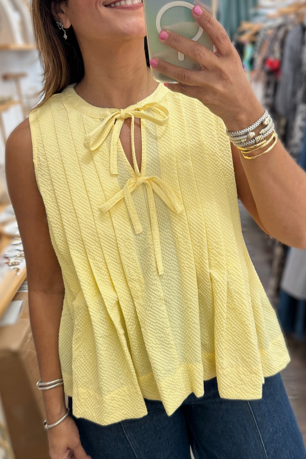 Chic V Neck Sleeveless Tank Top with Bow Tie and Pleated Detail - Perfect for Daily Wear - Detail View 2