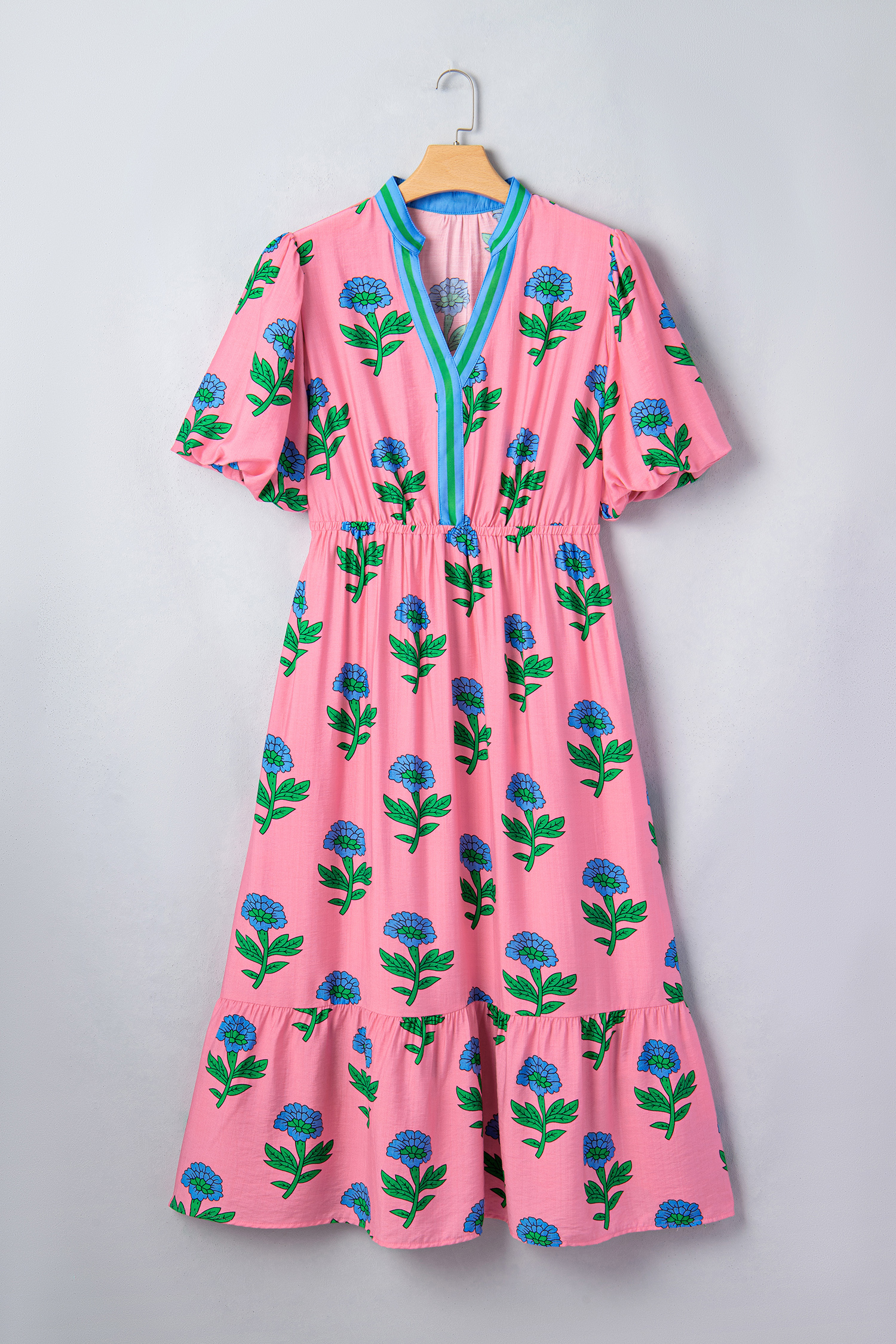 Southern Belle Style Floral Dress – Pink V-Neck Long Shift Dress, Comfortable Vacation Outfit for Women - Detail View 3