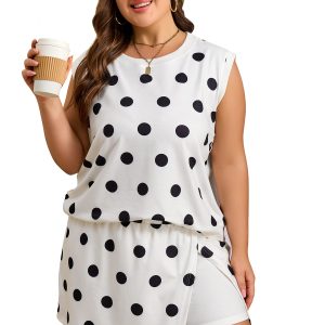 Women's Plus Size Polka Dot 2-Piece Outfit – Casual Round Neck Tank and Split Skort Set for Summer - Main View