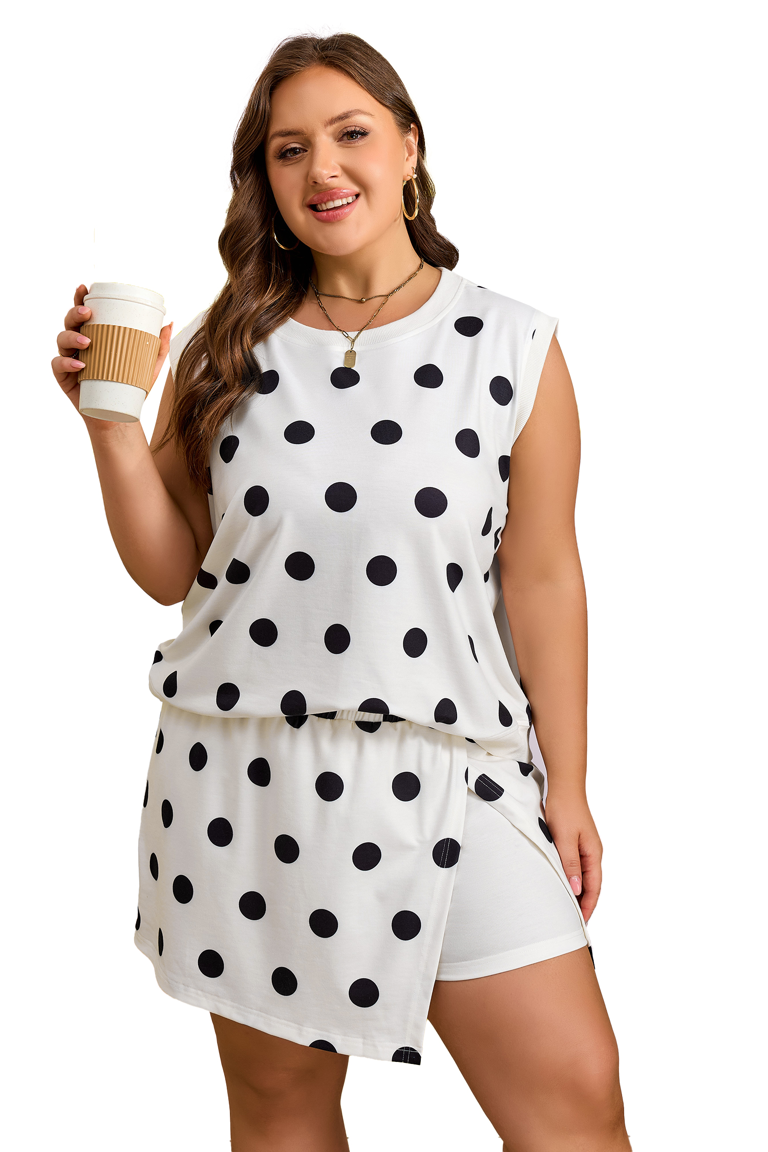 Women's Plus Size Polka Dot 2-Piece Outfit – Casual Round Neck Tank and Split Skort Set for Summer - Main View