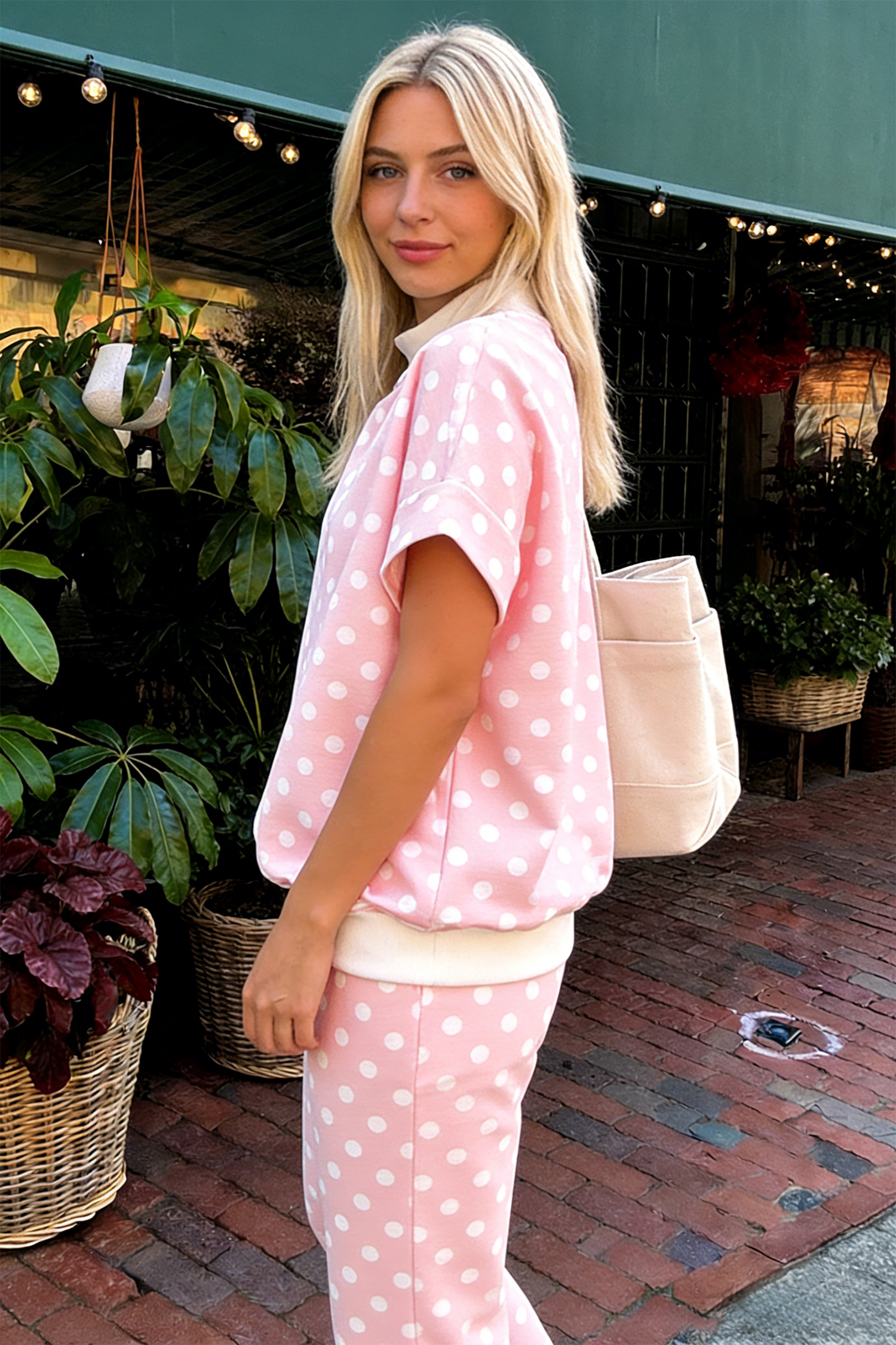 Stylish Women's Polka Dot Short Sleeve Set – Comfortable Mock Neck Shift Top and Matching Pants - Detail View 2