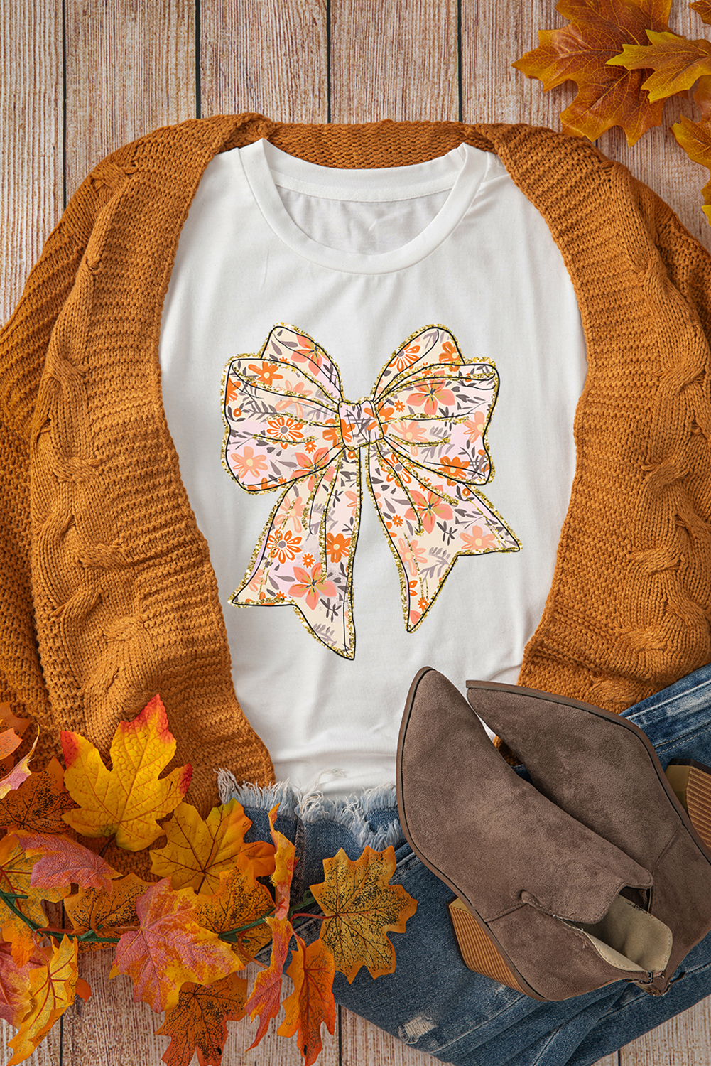Charming Floral Bow Graphic Tee with Glitter Trim - Soft Cotton Blend for Comfort - Detail View 6