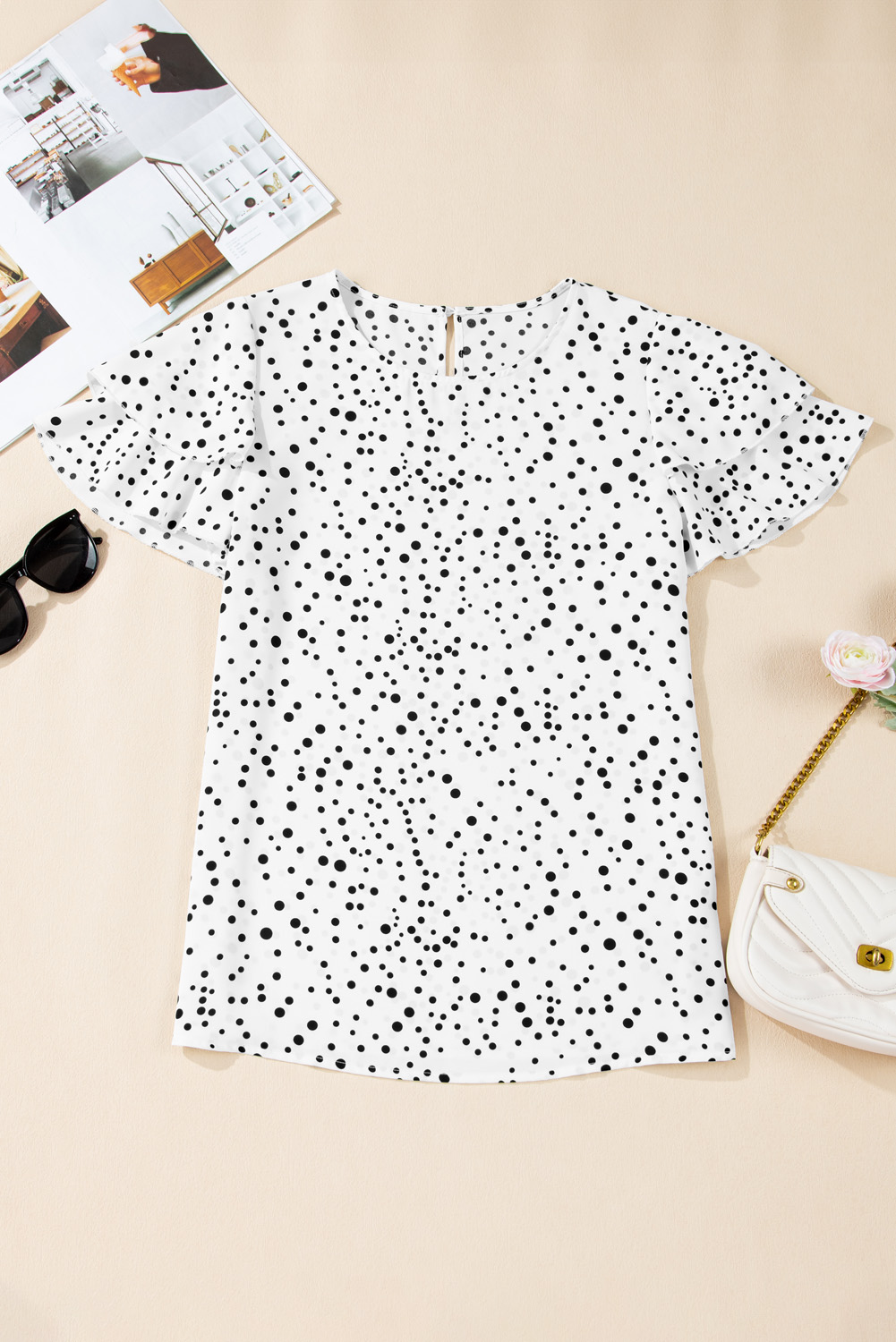Women's Blouse, Dalmatian Print, Layered Ruffles, Short Sleeve, Casual Wear, Elegant Style, Lightweight Fabric, Comfortable Fit, Daily Outfit, Summer Fashion, Round Neck, Shift Silhouette - Detail View 8