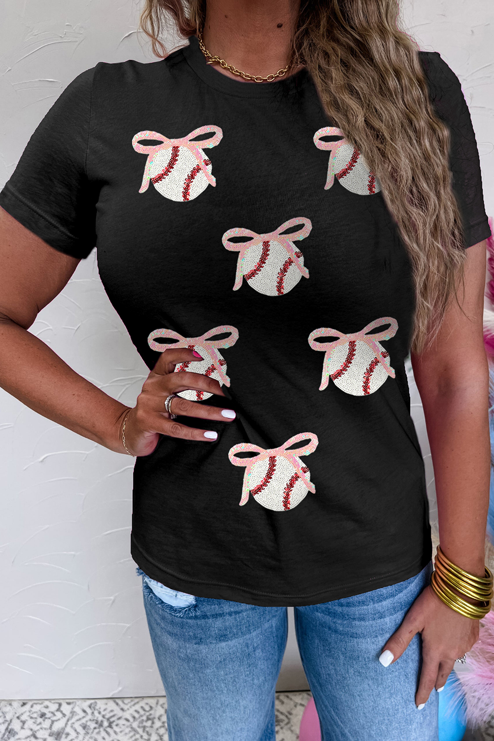 Women's Black Shimmering Sequin Bow Ball Patterned Casual Game Day Tee - Detail View 5
