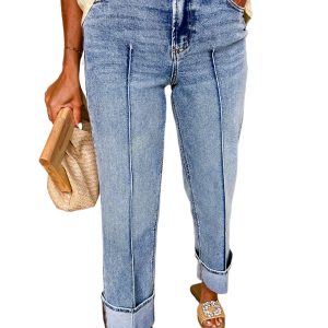 Women's Myosotis High Waist Straight Leg Jeans with Cuffed Hem - Main View