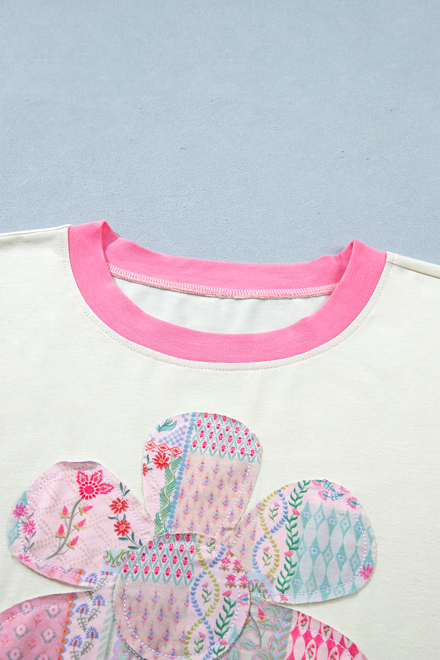 Women's Plus Size Floral Patchwork T-Shirt – Casual Round Neck Short Sleeve Top, Beige - Detail View 10