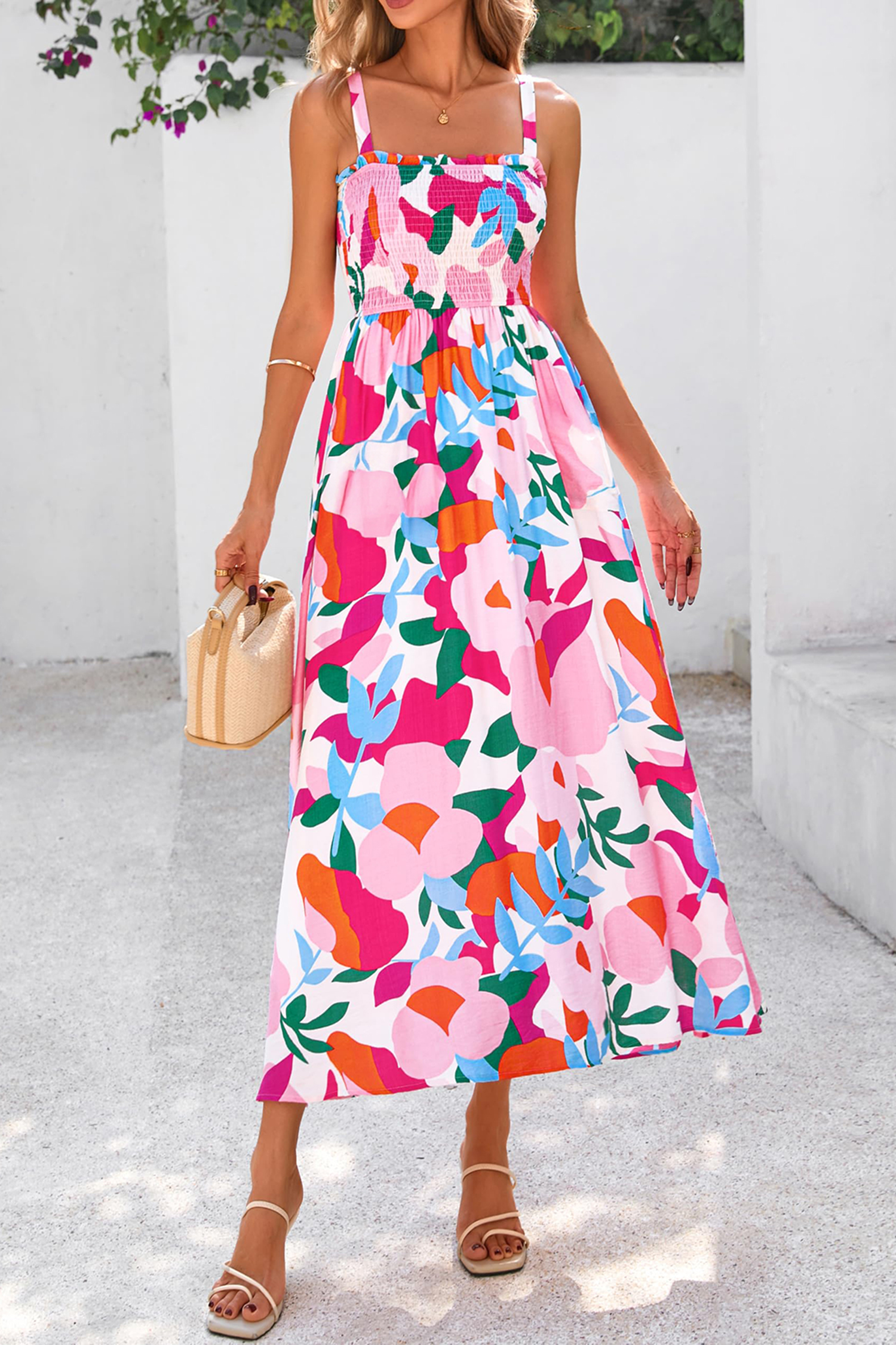 Women's Floral Print Midi Dress – High Waist Smocked Sundress, Southern Belle Style Gift for Easter - Detail View 6