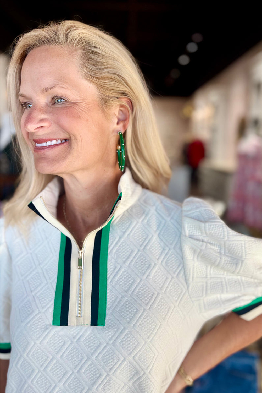Women's White Textured Jacquard Colorblock Edge Puff Sleeve Quarter Zip Mini Dress - Detail View 5