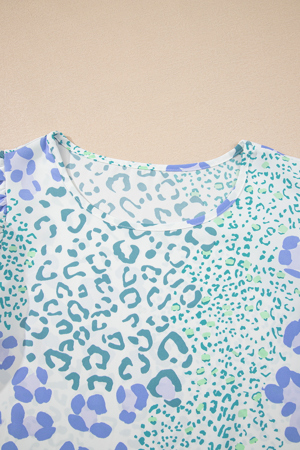 Stylish Women's Sky Blue Casual Blouse with Leopard Print and Ruffle Sleeves - Detail View 6