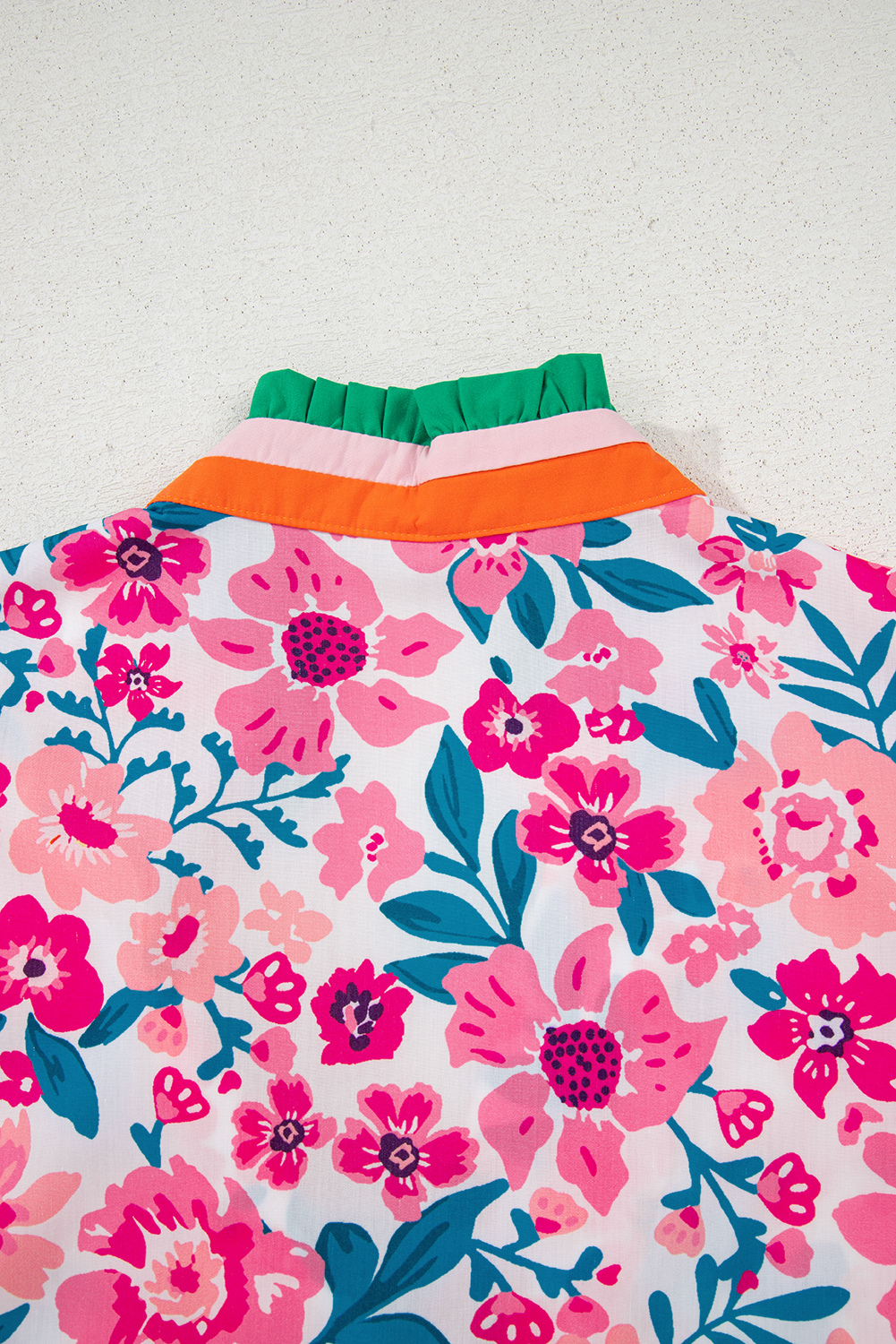 Chic V Neck Pink Floral Blouse with Breezy Fit and Stylish Striped Detail - Detail View 7