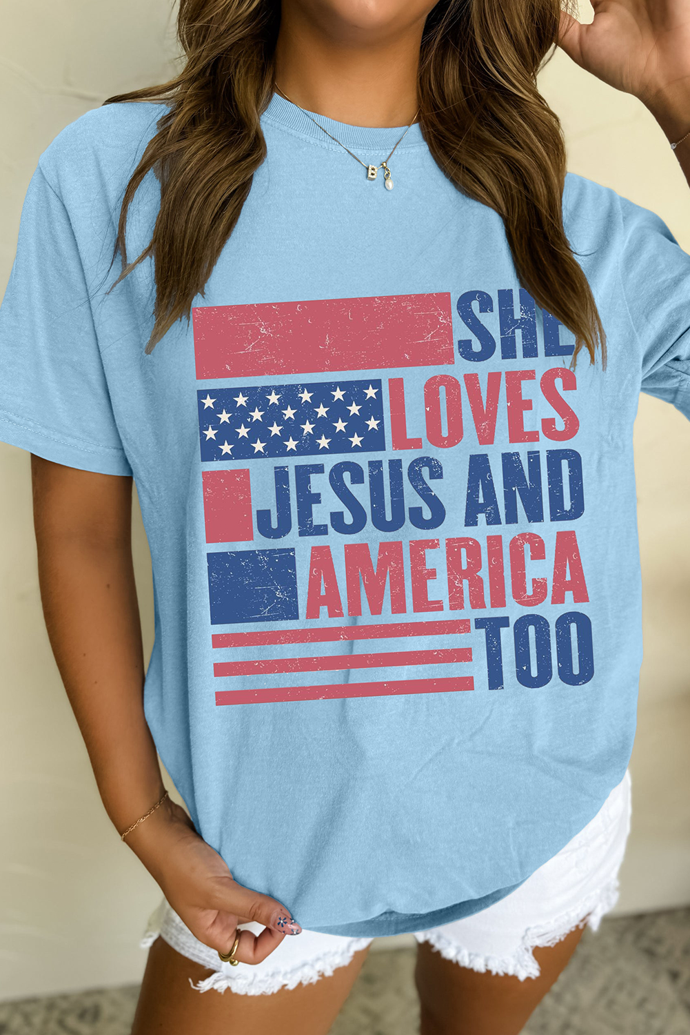 Patriotic Casual Tee: Light Blue Graphic Shirt with Jesus and American Flag Design - Detail View 2