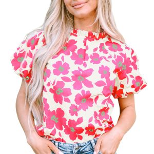 Elegant Women's Pink Frilled Neck Floral Blouse with Short Puff Sleeves - Main View