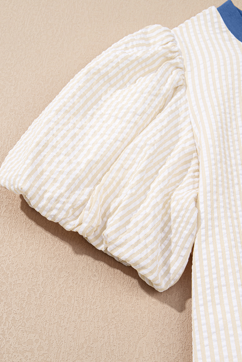 Women's Dress, T-Shirt Dress, Beige Stripe, Seersucker Fabric, Puff Sleeves, Round Neck, Casual Style, Mini Length, Daily Wear, Flattering Silhouette, Lightweight, Breathable, Quality Cotton Blend, Shift Dress - Detail View 8