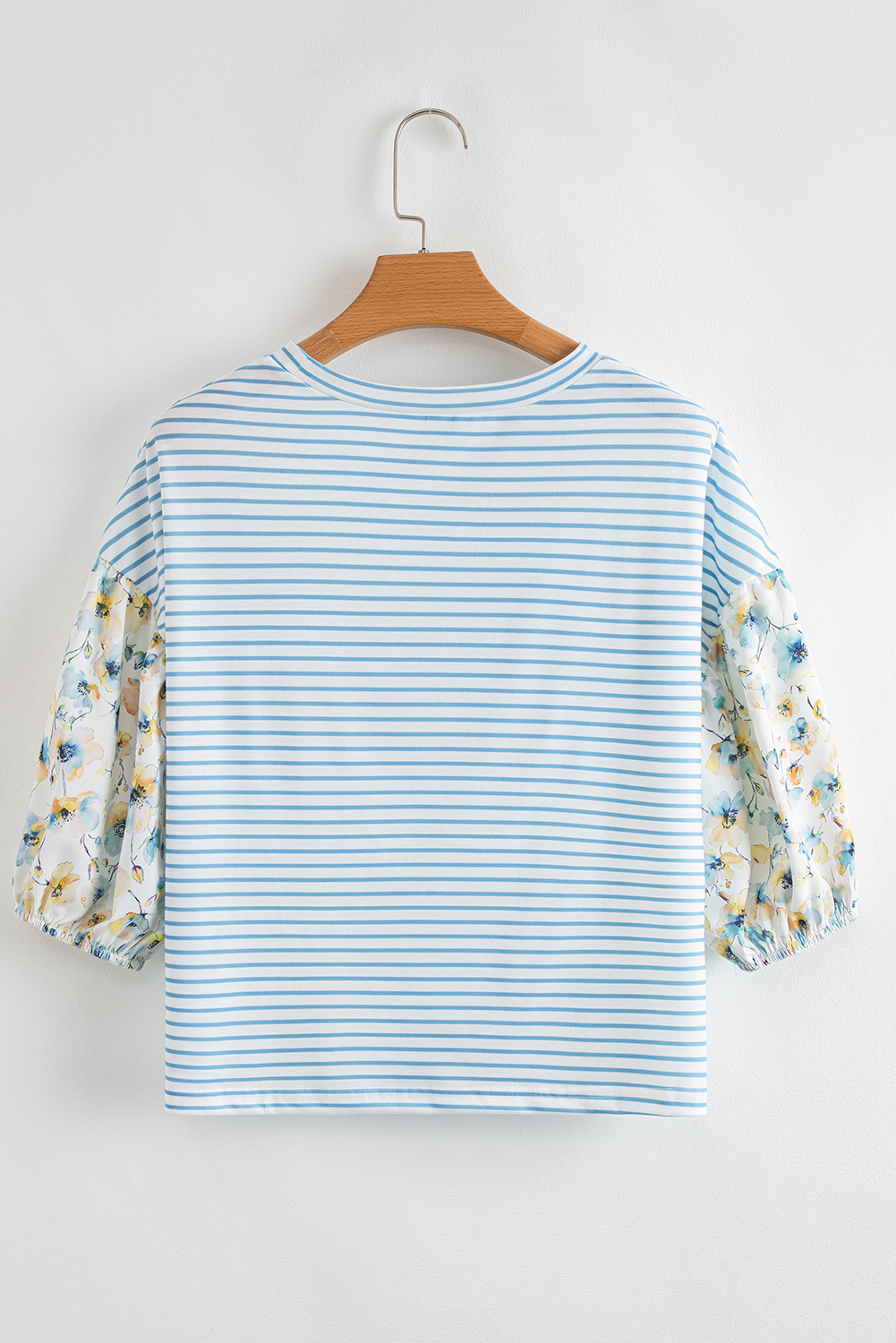 Women's Sky Blue Stripe Floral Puff Sleeve Drop Shoulder Top - Detail View 5