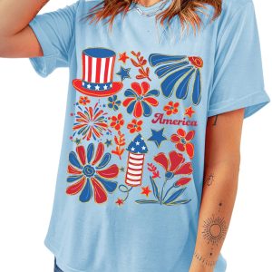 Women's Light Blue Floral Firework Print T-Shirt for 4th of July Celebration - Main View