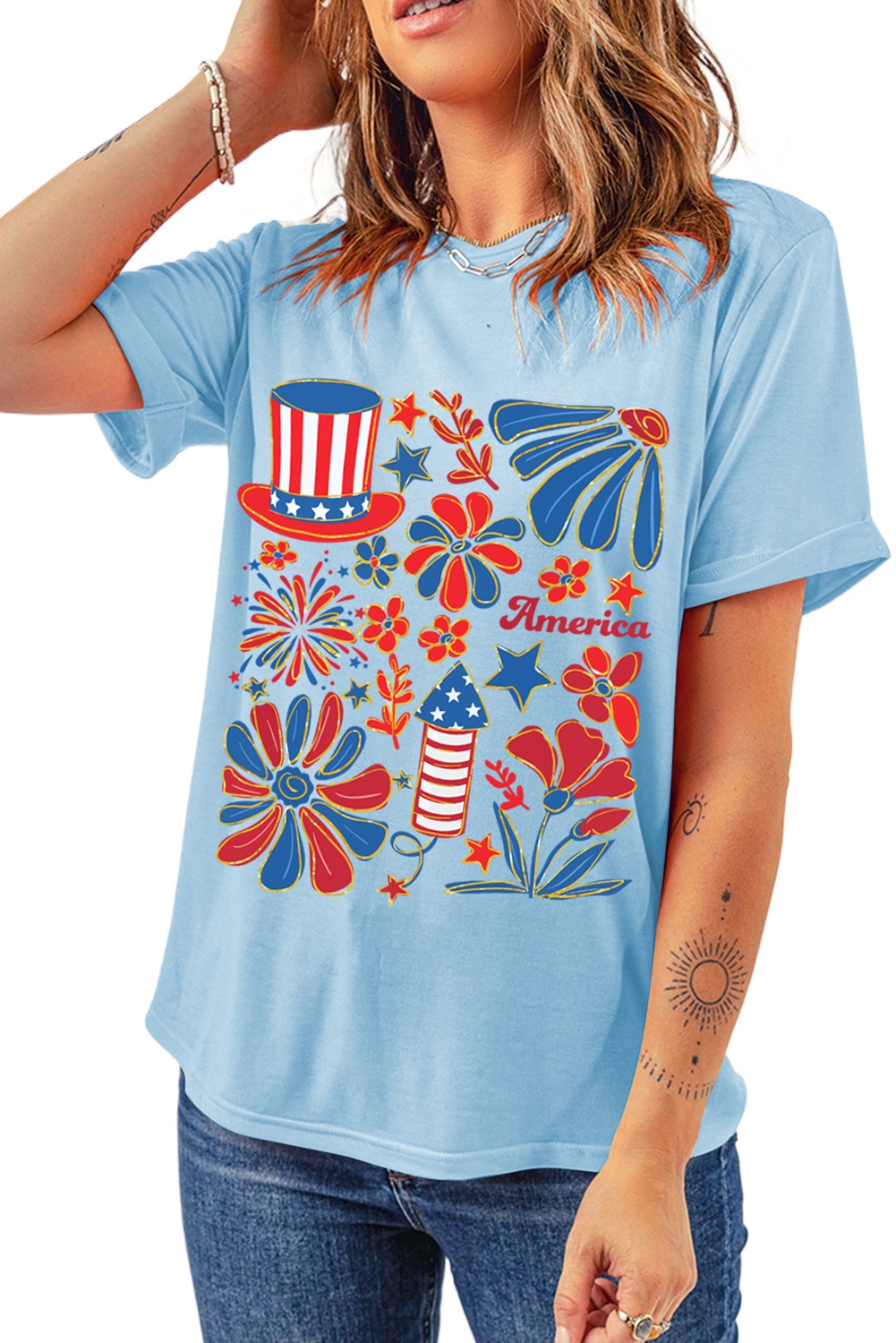 Women's Light Blue Floral Firework Print T-Shirt for 4th of July Celebration - Main View