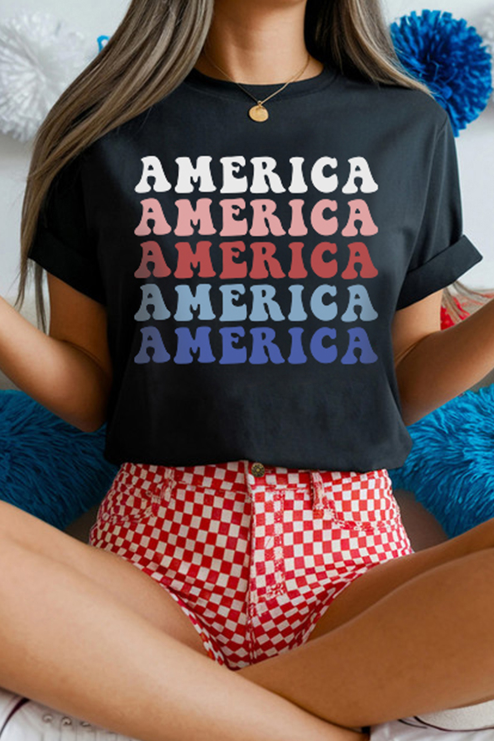 Casual Women's Graphic Tee with Vibrant AMERICA Print - Perfect for Independence Day - Detail View 2