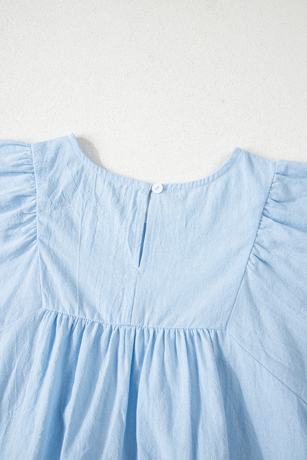 Women's Beau Blue Solid Color Blouse with Embroidered Scalloped Sleeves - Detail View 9