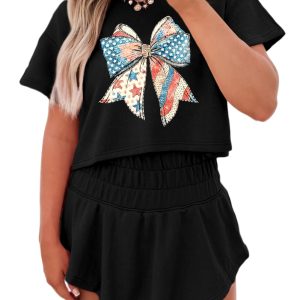 Women's Black American Flag Inspired Bow Print Relaxed Tee and High Waist Skort 2-Piece Outfit - Main View