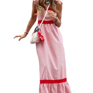 Women's Red Striped Maxi Dress – Sleeveless High Waist A-Line Summer Vacation Outfit - Main View