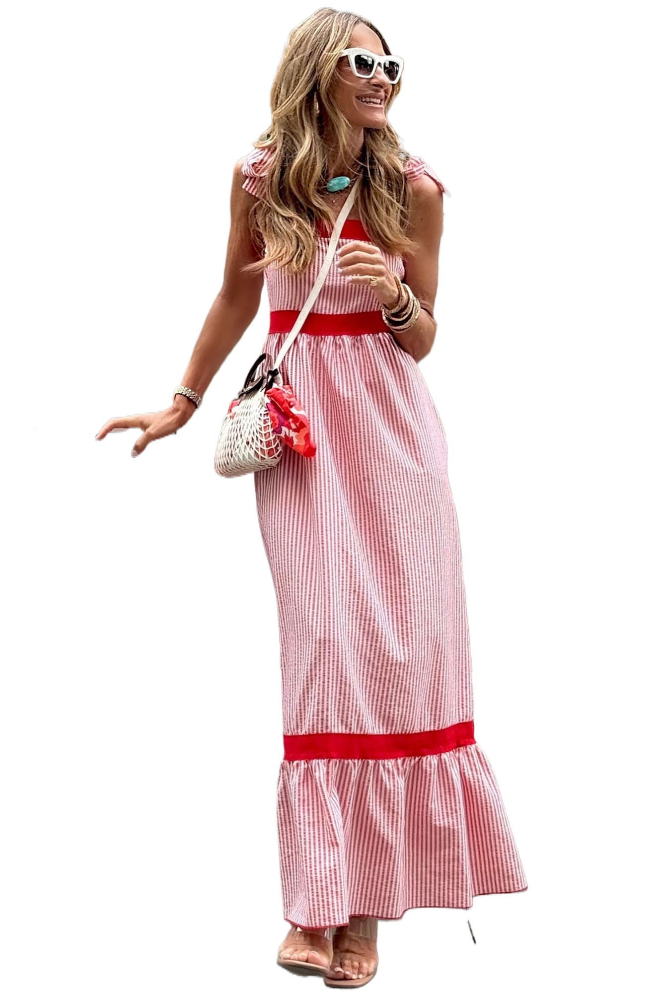 Women's Red Striped Maxi Dress – Sleeveless High Waist A-Line Summer Vacation Outfit - Main View