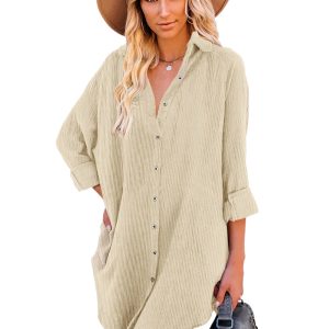 Women's Beige Corduroy Shirt Style Full Button Long Sleeve Shift Mini Dress - Main View