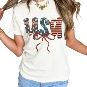 Women's White USA Bow Letter Graphic Independence Day Fashion Tee - Main View