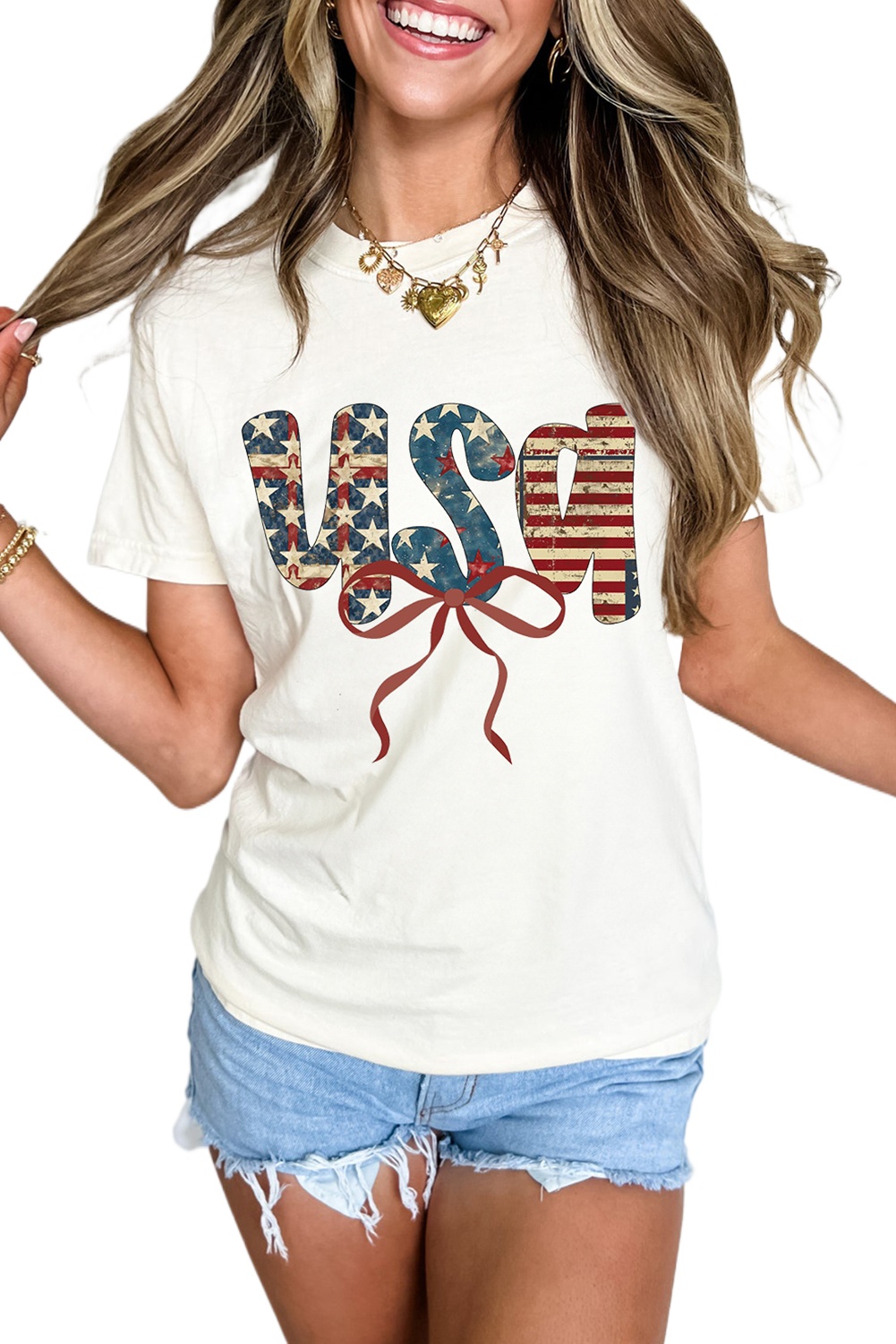 Women's White USA Bow Letter Graphic Independence Day Fashion Tee - Main View