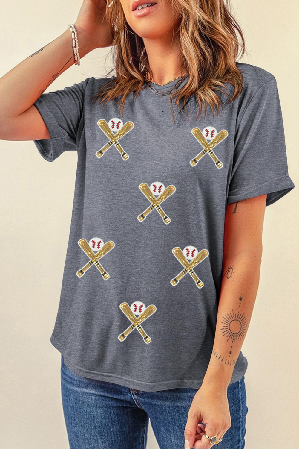 Women's Graphic Tee, Gray Casual Shirt, Sequined T-Shirt, Game Day Fashion, Baseball Season, Comfortable Wear, Short Sleeve, Round Neck, Cotton Blend, Summer Style, Daily Wear, Trendy Outfit - Detail View 12