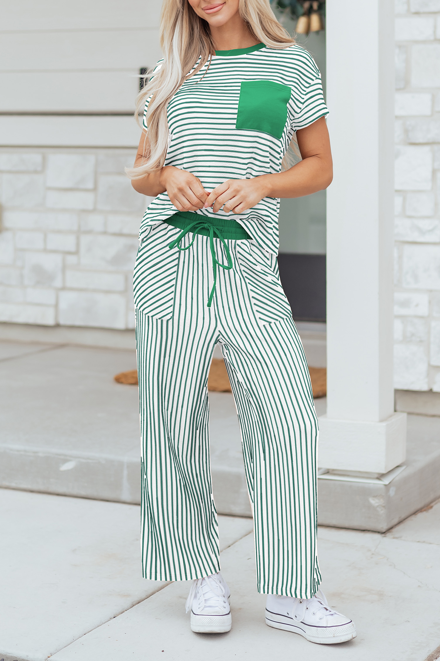 Casual Striped Lounge Set for Women – Comfortable Round Neck Tee & Adjustable Drawstring Pants - Detail View 3