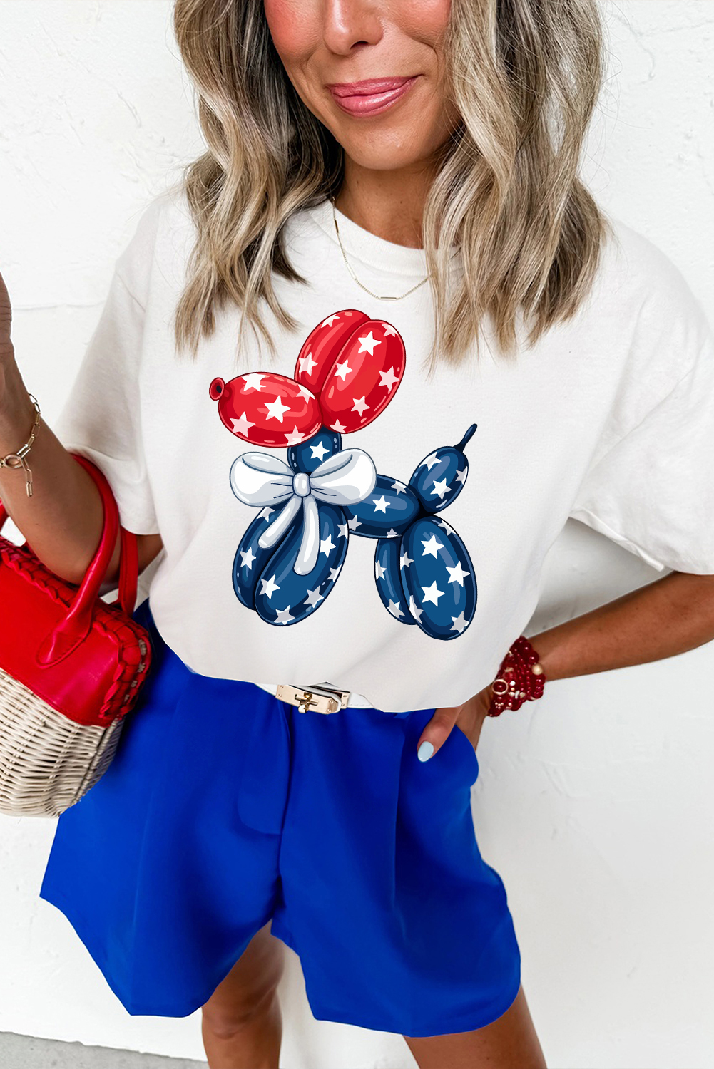 Patriotic Round Neck Tee with Cute Balloon Dog Design - Perfect for Summer - Detail View 2