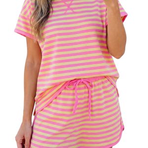 Women's Pink Stripe Short Sleeve Top and Skirt Set – Casual Shift Outfit for Summer - Main View