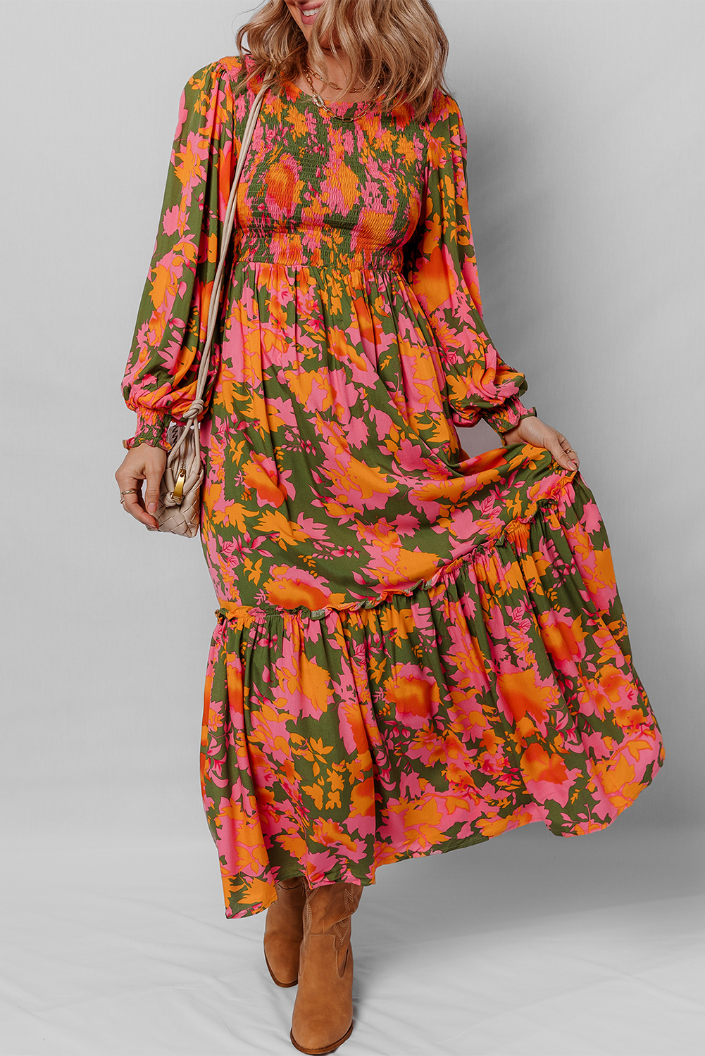 Romantic Floral Print Long Dress - Puff Sleeves and Ruffled Hem for a Feminine Look - Detail View 6