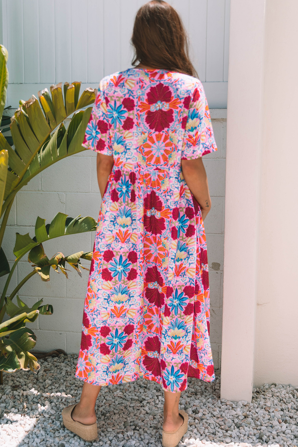 Charming Floral Pattern Long Dress with Tied Detail - Perfect for Summer Vacations - Detail View 2
