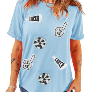 Women's Light Blue Cheer Game Day Sequin Patched Graphic T-Shirt - Main View