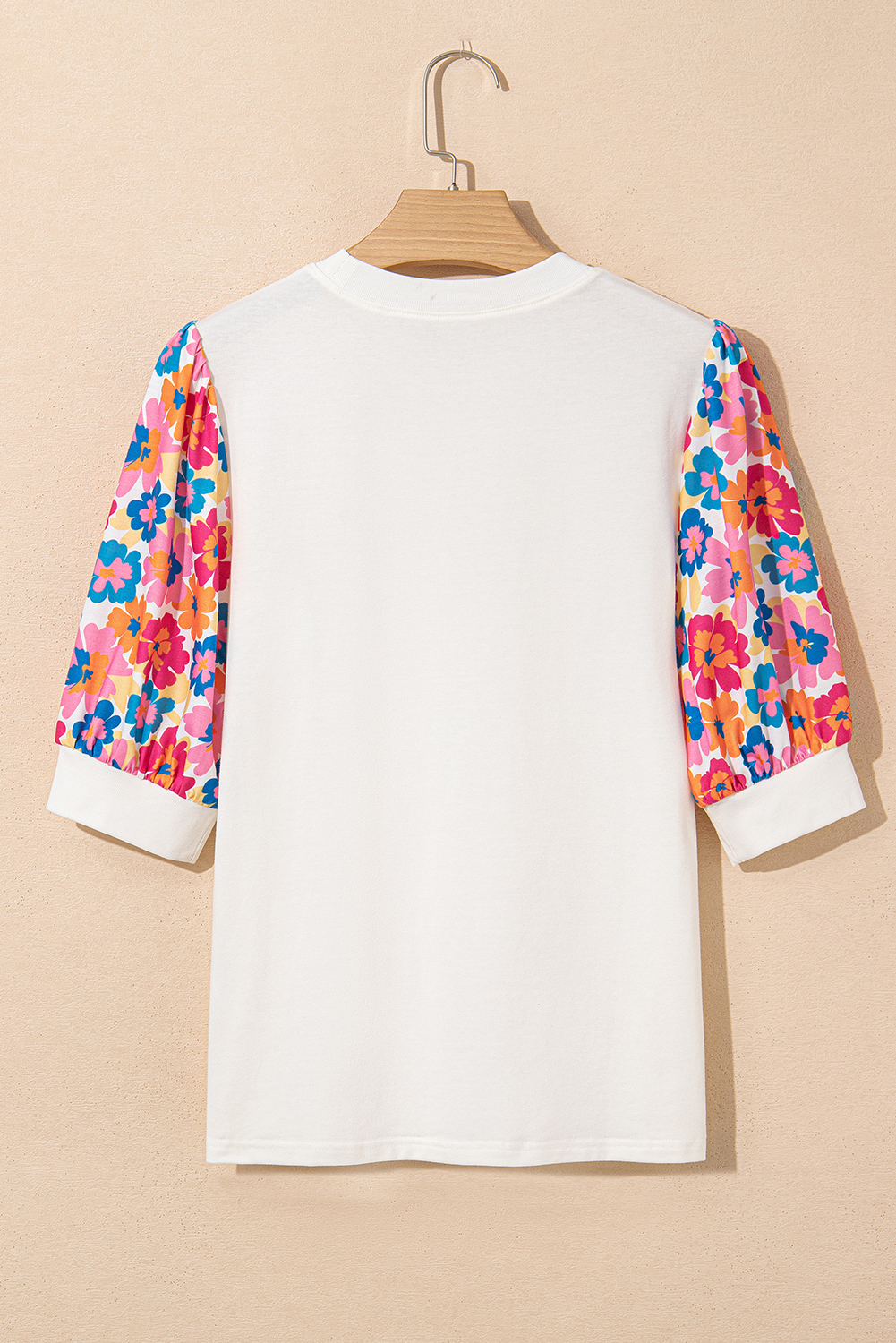 Breathable Cotton Blend Beige Top with Vibrant Floral Pattern and Round Neck - Detail View 11