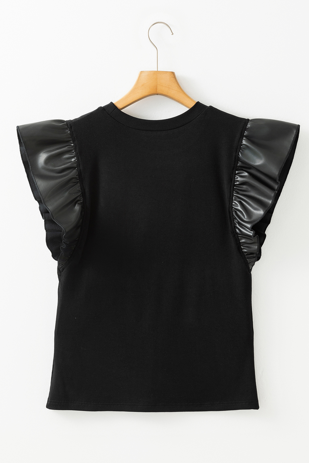 Women's Top, Black Graphic Tee, Game Day, Checkered Letter, Ruffle Sleeve, Casual Style, Leatherette Detail, Round Neck, Summer Fashion, Trendy, Statement Tee, Daily Wear, Sheath Silhouette - Detail View 8