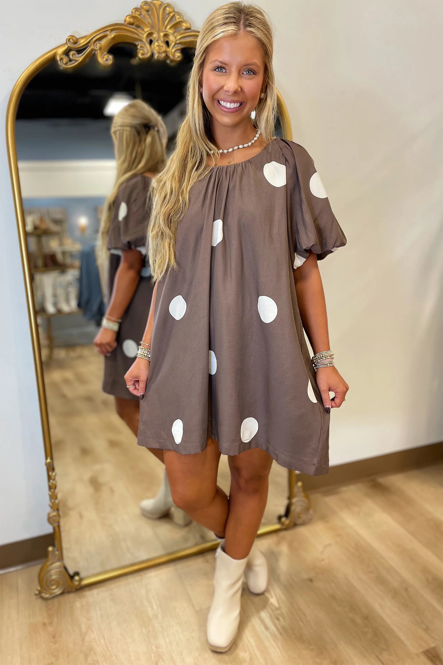 Women's Brown Polka Dot Mini Dress – Puff Sleeve Knot Back Summer Shift Dress, Casual Southern Belle Style - Detail View 7