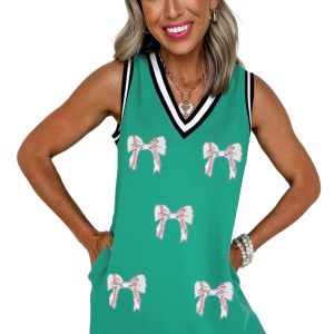 Women's Mint Green Contrast Striped Glitter Baseball Patched V Neck Tank Dress - Main View