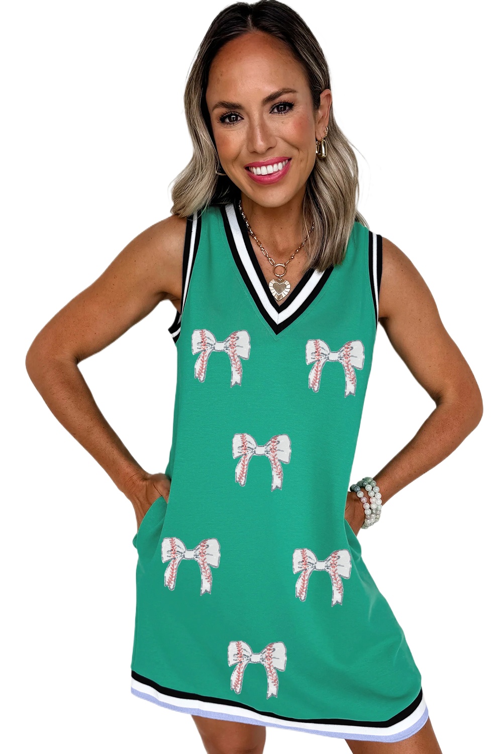 Women's Mint Green Contrast Striped Glitter Baseball Patched V Neck Tank Dress - Main View